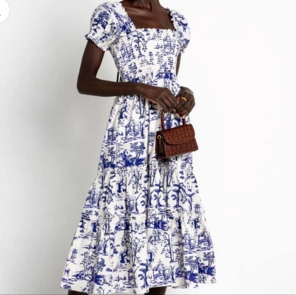 o.p.t Daphne Blue and White Toile Print Cotton Smocked Puff Sleeve Midi Dress